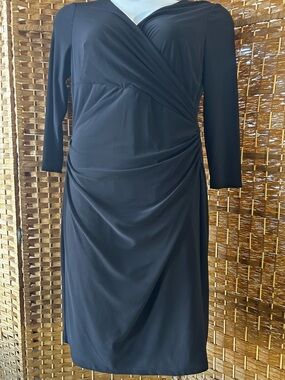 Lauren Ralph Lauren Black Faux Wrap Dress Ruched Stretch Size 10 Knee Length